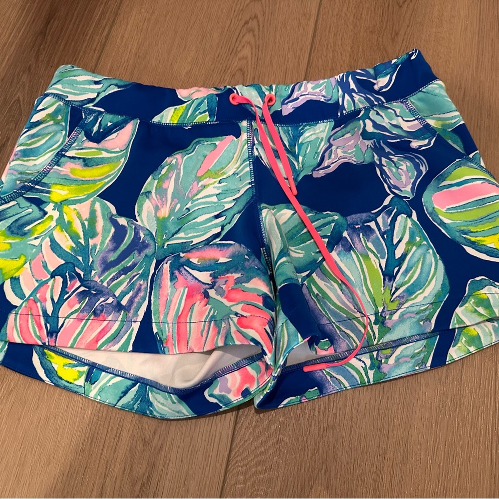 Lilly Pulitzer blue, teal, pink floral shorts, luxletic